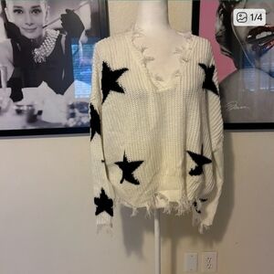 Polly & Esther White V-Neck Sweater with Black Stars